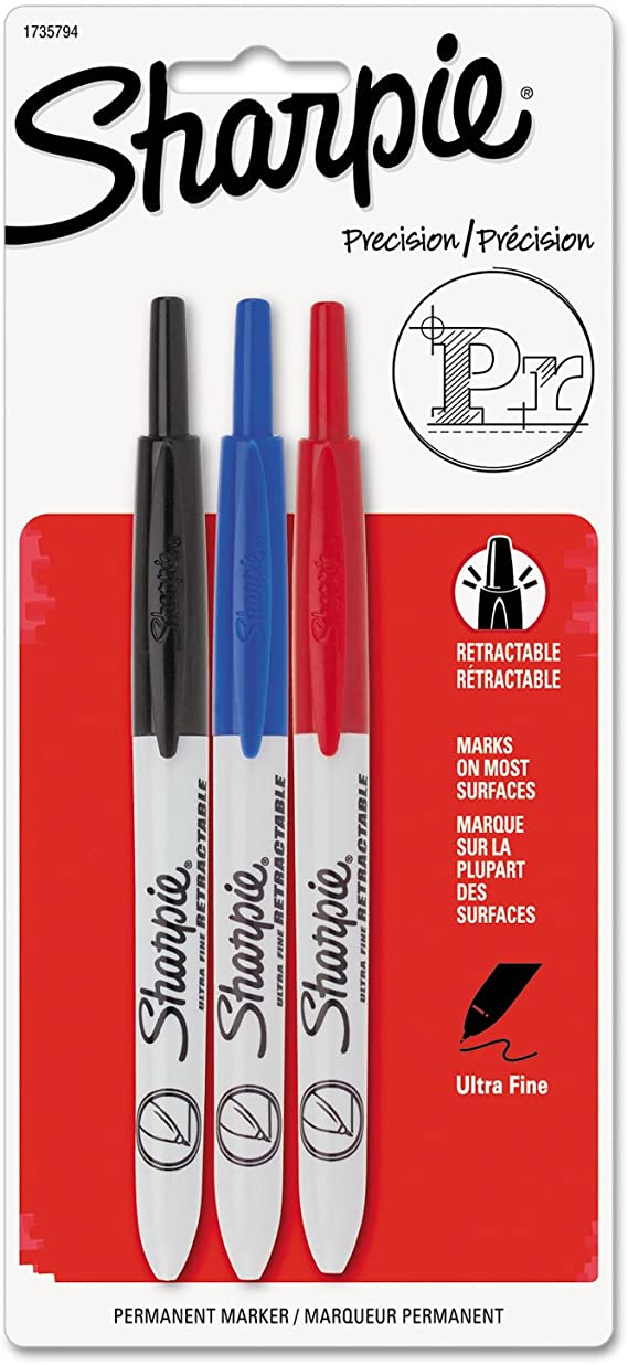 Sharpie 1735794 Retractable Permanent Marker Ultra Fine Tip Black Blue Red 3/Set