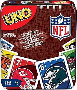 Mattel Games UNO NFL Card Game for Kids & Adults, Travel Game with NFL Team Logos & Special Rule in Storage Tin Box (Amazon Exclusive)