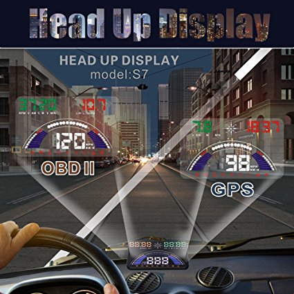 Techstick New 5.8 inch S7 HUD Head Up Display with OBD2 Interface Plug Play KM/h MPH Speeding Warning Combine OBD & GPS System Freely Switch