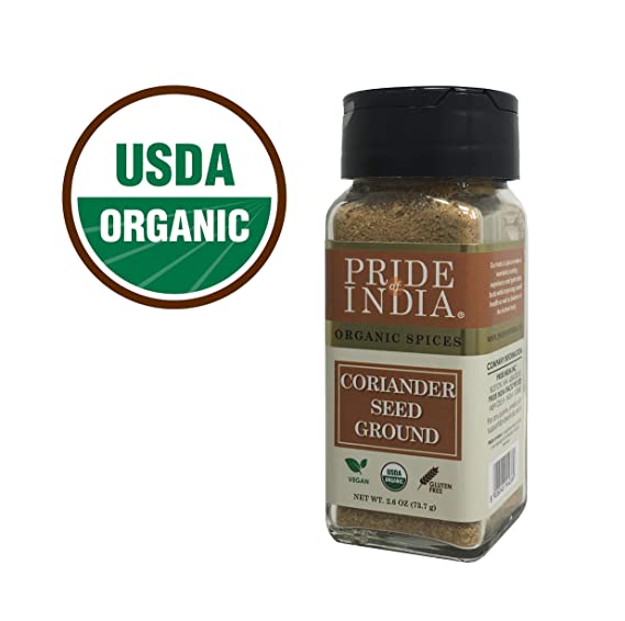 Pride Of India - Organic Coriander Seed Ground, 2.6 oz (73 gm) Small Dual Sifting Jar, Authentic Indian Culinary Spice, Best for Sausages