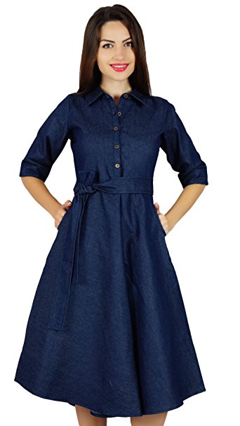 Bimba Womens Blue Denim Shirt Dress With Pockets 3/4 Sleeve Casual Midi Dresses
