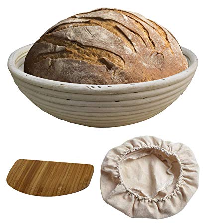 Round Banneton Bread Proofing Baskets | Artisan Wicker Cane Brotform for Batard Sourdough with Dough Scraper and Liner by Made Terra Baking Tools (10" Round)