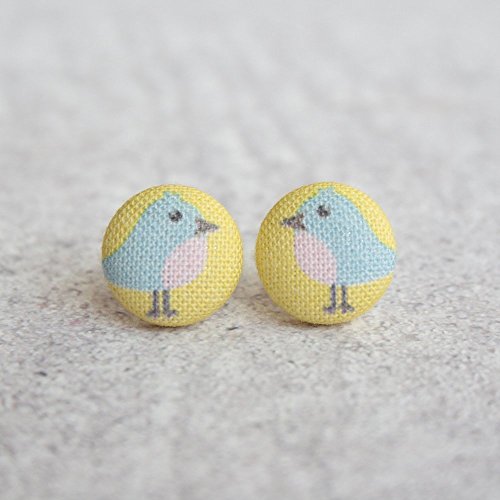 Blue Bird Fabric Button Earrings