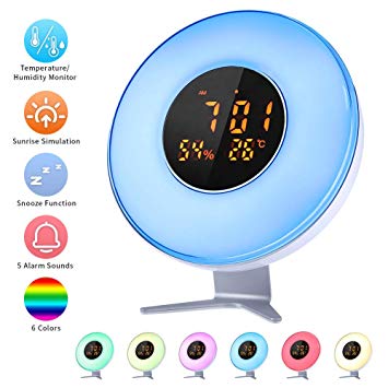 CrazyFire Sunrise Alarm Clock,Wake up Light Alarm Clock with Temperature/Humidity Monitor,Snooze Function,10 Brightness,6 Color Switch,Kids Alarm Clock for Bedrooms,Party,Festival