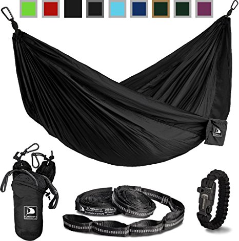 Flagship-X Double Camping Hammock with Tree Straps and survival bracelet fire starter. For backpacking, 2 person travel hammock.