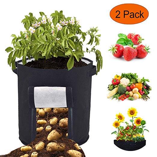 Tenceen Vegetable Grow Bag Fabric Pot - 2 Pack 46 Litres/12 Gallon Potato Planter Bags, Double Layer Breathable Felt Fabric Planting Pots with Strap Handles (Black)