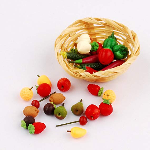 NW 30pcs 1/12 Mini Fruits and Vegitable Dollhouse Decoration Play Food Set with Basket for Dollhouse Kitchen Decoration