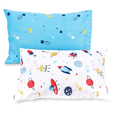 TILLYOU Cotton Collection Soft Toddler Pillowcases Set of 2, 14x20 - Fits Pillows Sized 12x16, 13x18 or 14x19, Machine Washable Travel Pillow Case Cover with Envelope Closure, Space & Stars