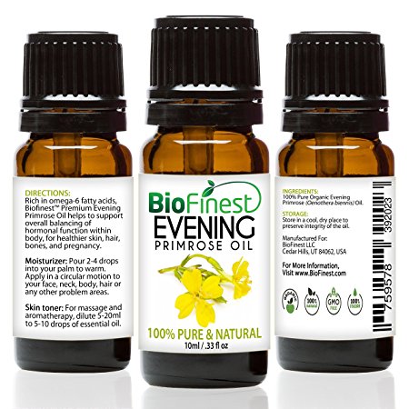 BioFinest Evening Primrose Organic Oil - 100% Pure Cold-Pressed - Premium Quality - Best Moisturizer - Rich in Omega-3 - Nourish Skin/Hair/Skin - Ease PMS Pain - FREE E-Book (10ml)