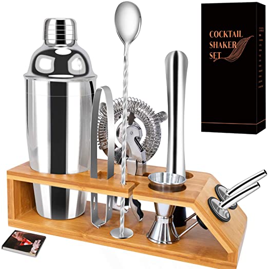 Cocktail Shaker Set with Stand-10 Pieces Stainless Steel Bartender Kit with Bamboo Base Includes Martini Shaker (25oz),Jigger,Strainer,Spoon and More for Wonderful Drink Mixing Experience