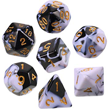 Polyhedral 7-Die Dice Set for Dungeons and Dragons with Black Pouch (Solid Black White)