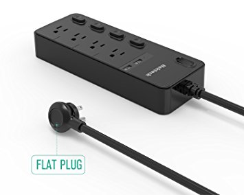 Nekteck Power Strip / Surge Protector Flat Wall Plug with 4 AC Outlets (Individually Controlled) 20W 2-Port USB Charger for iPhone, Samsung Galaxys, Nexus, Tablets, LG and More [10ft Cord, 4AC, 2 USB]