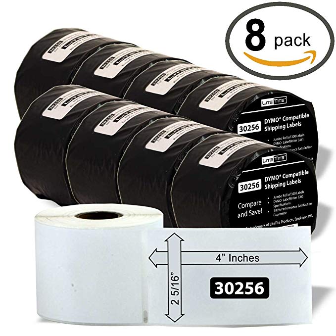 LiteTite 30256 (8 Rolls) DYMO LabelWriter (LW) Compatible Shipping Labels, 2-5/16 x 4 Inches, White, Blank, 8-Pack (LT30256)