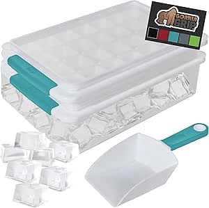 Gorilla Grip Stackable Ice Cube Tray and Bin Set, Includes 2 Trays with Lid and Scooper, Easy Release, Makes 56 Cubes for Cocktail Soda Coffee, Leak Proof Freezer Bucket Kit, Kitchen Gadget, Turquoise