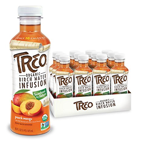 Treo - Low Calorie Organic Birch Water Infused Fruit Drink Beverage, Peach Mango, 16 Fl oz. (Pack of 12)