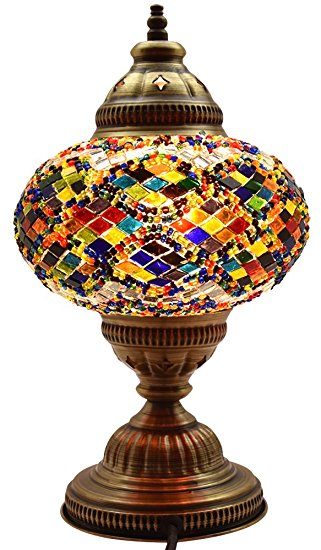 New* BOSPHORUS Stunning Handmade Turkish Moroccan Mosaic Glass Table Desk Bedside Lamp Light with Bronze Base (Multi-colored)