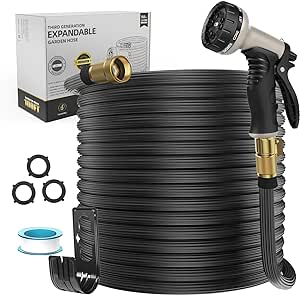 Expandable Garden Hose, New Patented Water Hose 100ft with 10 Function Spray Nozzle, 40 Layers Innovative Nano Rubber Water Hose, No Kink Leakproof Easy to Move & Store (Black)