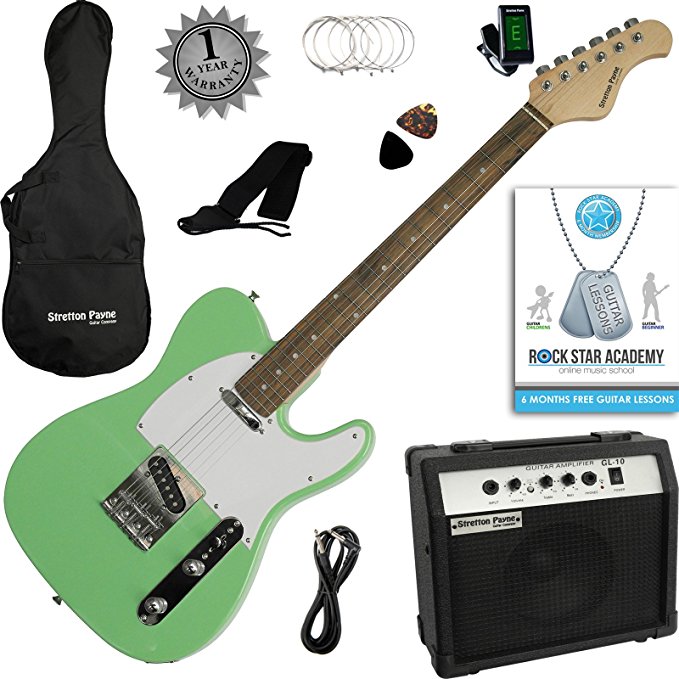 Stretton Payne TE Electric Guitar with practice amplifier, padded bag, strap, lead, plectrum, tuner, spare strings. Guitar in Surf Green