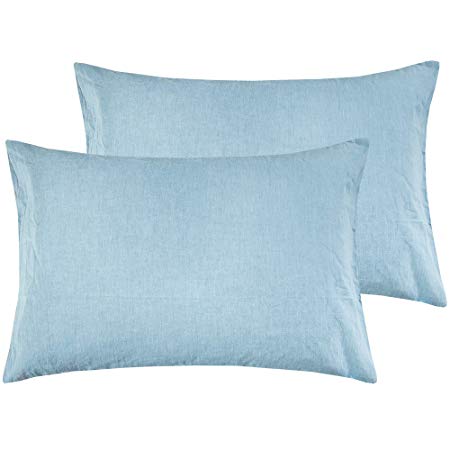 NTBAY Queen Size Pillowcases Set of 2, 100% Stone Washed Cotton, Reduces Allergies and Respiratory Irritation, Vintage Style, Breathable, Blue