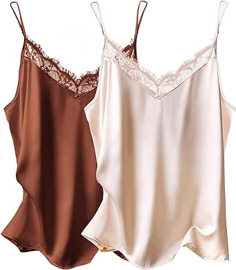 Ekouaer Women's 2 PCS Silk Satin Tank Top Lace Cami Spaghetti Strap Top V Neck Camisoles