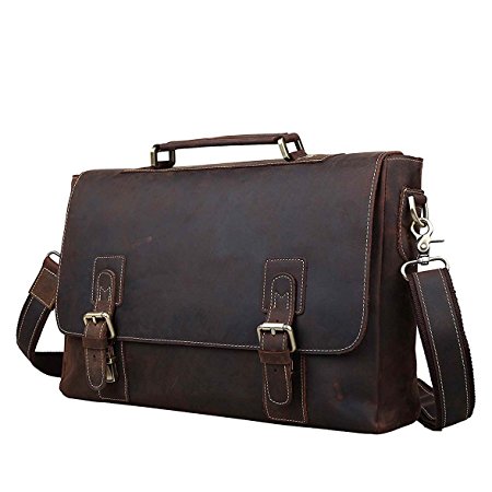 Baigio Mens Retro Leather Briefcase, 14’’ Leather Laptop Messenger Bags, Brown