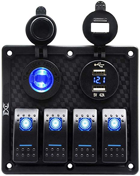 FXC Waterproof Marine Boat Rocker Switch Panel Gang with Dual USB Slot Socket   Cigarette Lighter LED Light for Car Rv Vehicles Truck