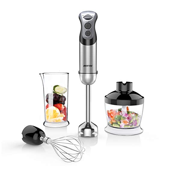 BESTEK Immersion Hand Blender 350 W 2 Speed 4-in-1 Smart Stick Hand Mixer Set with Food Chopper Attachment, Whisk, Beaker and 2 Stainless Steel, Black/Sliver