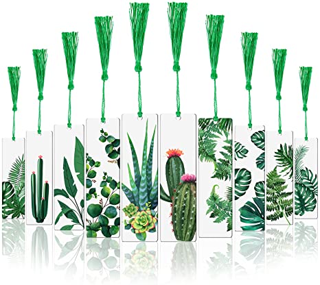 10 Pcs Bookmarks with Tassels Acrylic Bookmarks Resin Plant Bookmark with 10 Pieces Green Tassels Plant Reading Transparent Bookmark for Women Teacher Kids Book Lovers