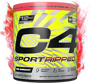 Cellucor C4 Ripped Sport Pre Workout Powder - NSF Certified for Sport - 200mg Caffeine   Cayenne Extract   Carnitine Tartrate   Beta-Alanine - Strawberry Watermelon, 20 Servings