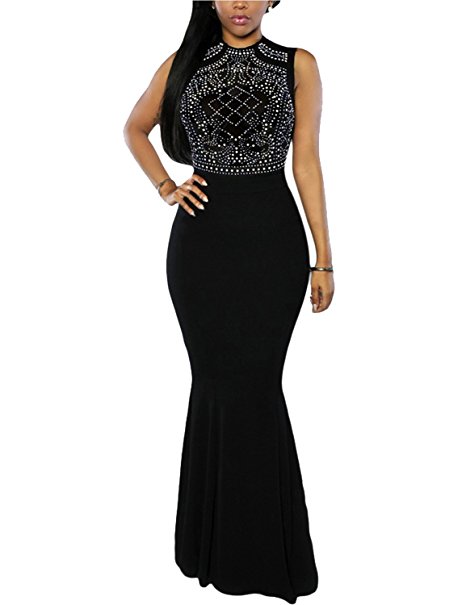 CoCo fashion Women's Long Fitted Beading Sleeveless Mermaid Evening Gown Dress