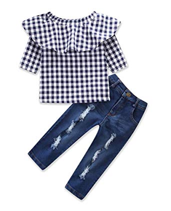 Little Girls Off Shoulder Ruffle Plaid Tops Distressed Jeans Shirts Clothes Set