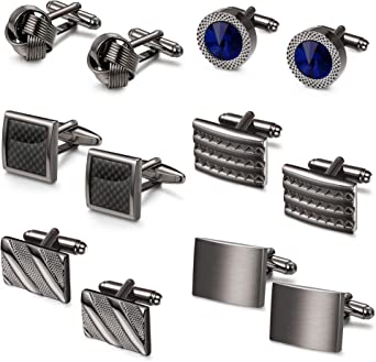 FIBO STEEL 6 Pairs Cufflinks for Men Carbon Fiber Cufflinks Set Tuxedo Shirts Cufflinks for Business Wedding Black Classic Cuff links Set Father's Gift with Box, cubic-zirconia