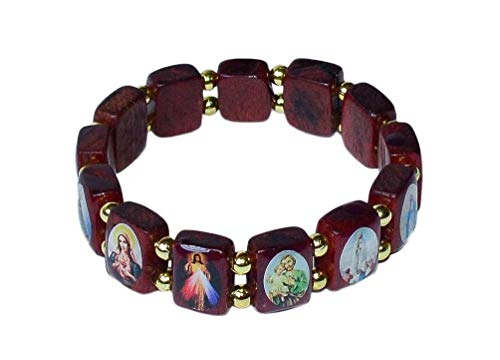 Catholica Shop Catholic Religious Wear Small Panel Wooden Elasticated Bracelet With Assorted Colored Images of Catholic Saints