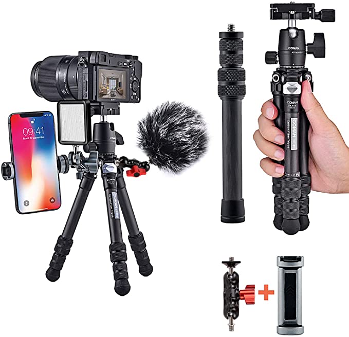 Carbon Fiber Tripod, COMAN Ultra Compact Lightweight Camera Tripod with 360° Panorama Ball Head for Cellphone, Camera and Gopro, Ideal for Vlog, YouTube or Travel, Phone Clip and Magic arm Included