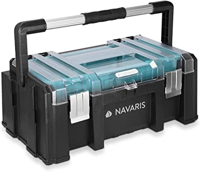 Navaris Tool Box 20 Inch - 51 cm Plastic Toolbox Case with Clear in-Lid Removable Organizer Tray, Storage Compartments and Metal Fold-Down Handle