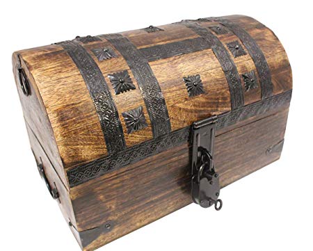 Well Pack Box Pirate Treasure Chest Box 15"x 10"x 10" with Iron Accents - Lock and 2 Skeleton Keys (2X)