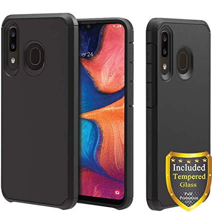 ATUS Samsung Galaxy A30 case, Galaxy A20 Case, Full Cover Tempered Glass Screen Protector, Hybrid Dual Layer Protective TPU Case (Black/Black)