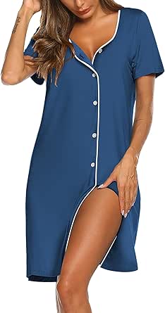 Ekouaer Women's Nightgown Button Down Nightshirt Short Sleeve Sleepshirt Soft V Neck Sleepwear Pajama Dress