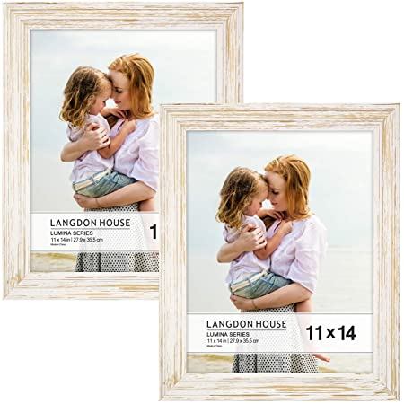 Langdon House 11x14 Real Wood Picture Frames (2 Pack, Weathered White - Gold Accents), White Wooden Photo Frame 11 x 14, Wall Mount or Table Top, Lumina Collection