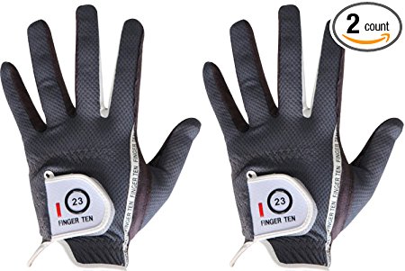Men’s Golf Glove Rain Grip Pair both hand or 2 Pack Left Right Hand, Hot Wet Weather No Sweat, Black Gray Green, Fit Size Small Medium Large XL, By Finger Ten