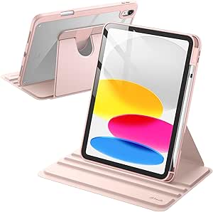 JETech Rotating Case for iPad 10 (10.9-Inch, 2022 Model, 10th Generation) with Pencil Holder, 360 Degree Rotation Protective Stand Cover Clear Back, Auto Wake/Sleep (Sandy Pink)