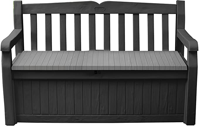 Keter Solana 70 Gallon Storage Bench Deck Box for Patio Furniture, Front Porch Decor and Outdoor Seating – Perfect to Store Garden Tools and Pool Toys, Grey