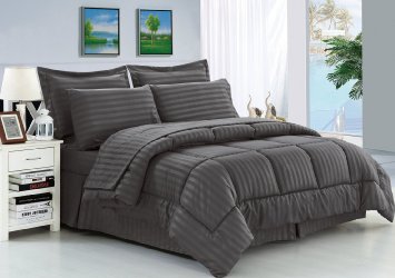 Elegant Comfort Wrinkle Resistant - Silky Soft Dobby Stripe Bed-in-a-Bag 8-Piece Comforter Set --HypoAllergenic - Full/Queen, Gray