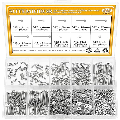 565 Pieces M2 Machine Screws Nuts Washers Set, Sutemribor M2 x 4/6/8/10/12/16/20mm Phillips Pan Head Machine Screws Nuts Washers Assortment Kit, 304 Stainless Steel, Fully Threaded