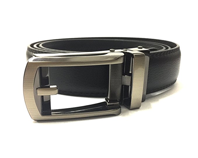 Men Belt, Automatic Alloy Ratchet Buckle Black Leather Duty Dress Golf Gun Belt
