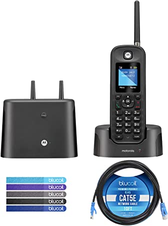 Motorola O211 DECT 6.0 Long Range Cordless Phone with Digital Answering Machine and Inductive Charging Station Bundle with Blucoil 10-FT 1 Gbps Cat5e Cable, and 5-Pack of Reusable Cable Ties