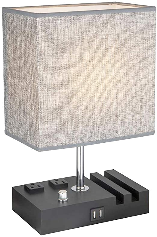 Modern Bedside Lamp with 2 USB Charging Port, Table Lamp with 2 AC Outlets and 2 Phone Stand, Nightstand Lamps Grey Fabric Shade for Bedroom, Guest Room or Office