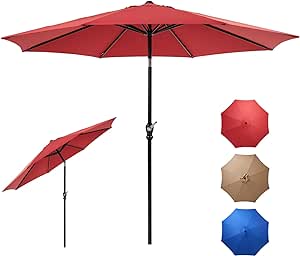 Patio Umbrella, 9 FT Outdoor Umbrellas Waterproof for Pool Table Deck Porch Yard Garden, Market Umbrella with 8 Sturdy Ribs, Push Button Tilt and Crank