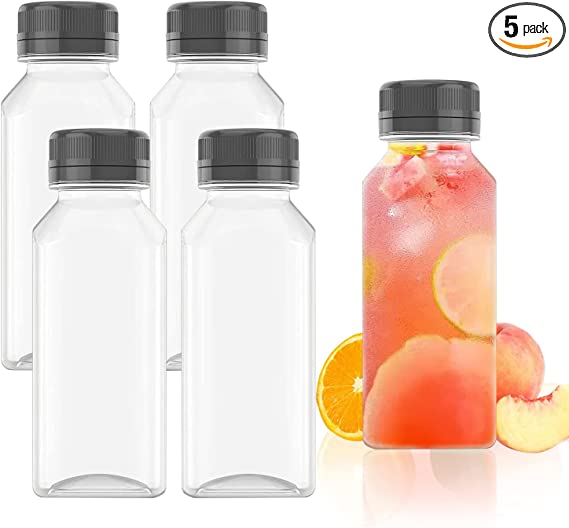 5 Pcs 8 Ounce Plastic Juice Bottles, Clear Bulk Beverage Containers, for Smoothies, Juice Milk and Homemade Beverages