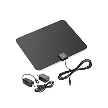 ViewTV Flat HD Digital Indoor Amplified TV Antenna - 60 Miles Range - Detachable Amplifier Signal Booster - 12ft Coax Cable - Black